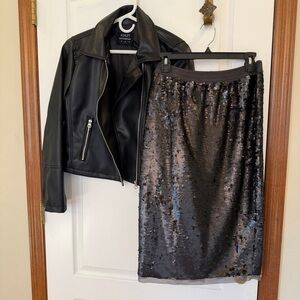 SET! Ashley Outerwear Black Faux Leather Jacket + Whoewhatwear Sequin Skirt